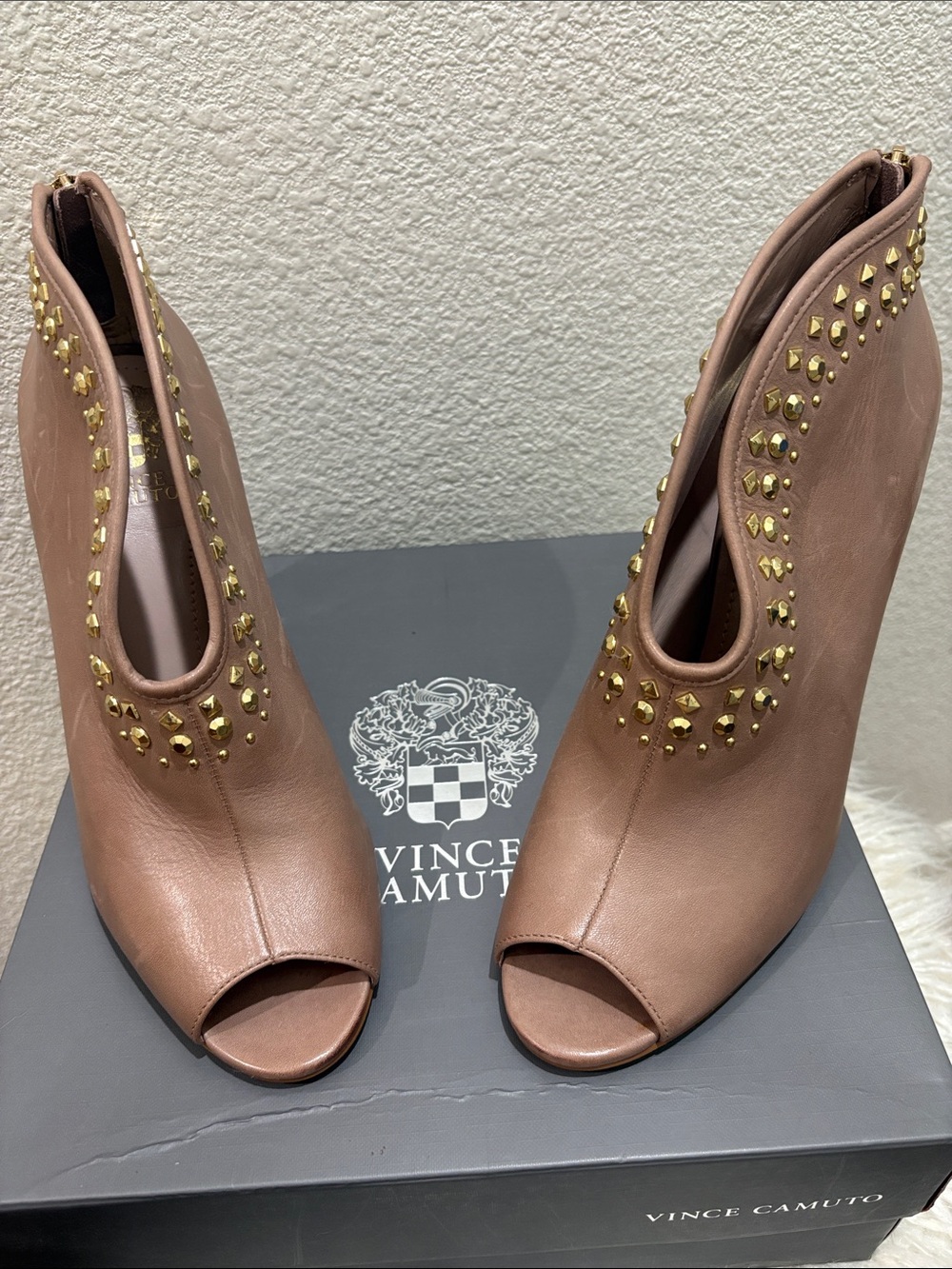 Vince Camuto Blush Tan Studded Peep-Toe Ankle Booties
